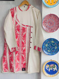 Gents Handcrafted Off-White Pure Cotton Kurta with Jamdani Panels
