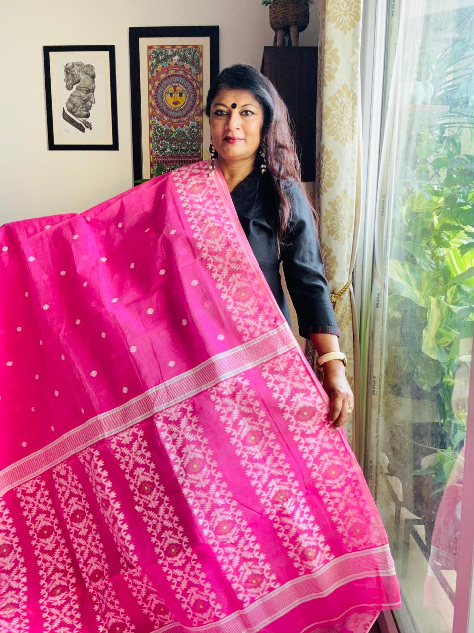 Handcrafted Fuchsia Pink Cotton Bengal Jamdani Saree