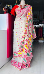 Handcrafted White Jamdani Saree with Multi-Colour Cutdana Work