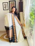 Handcrafted White Gadwal Cotton Saree with Bronze & Black Zari Border
