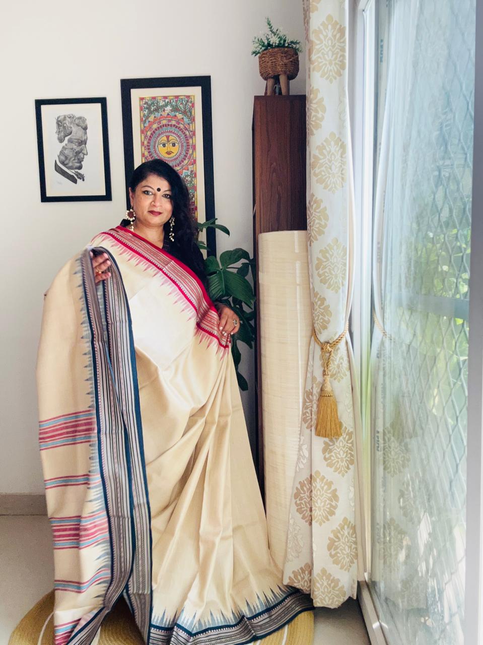 Handcrafted Vidarbha Tussar Saree with Magenta & Blue Karvati Border