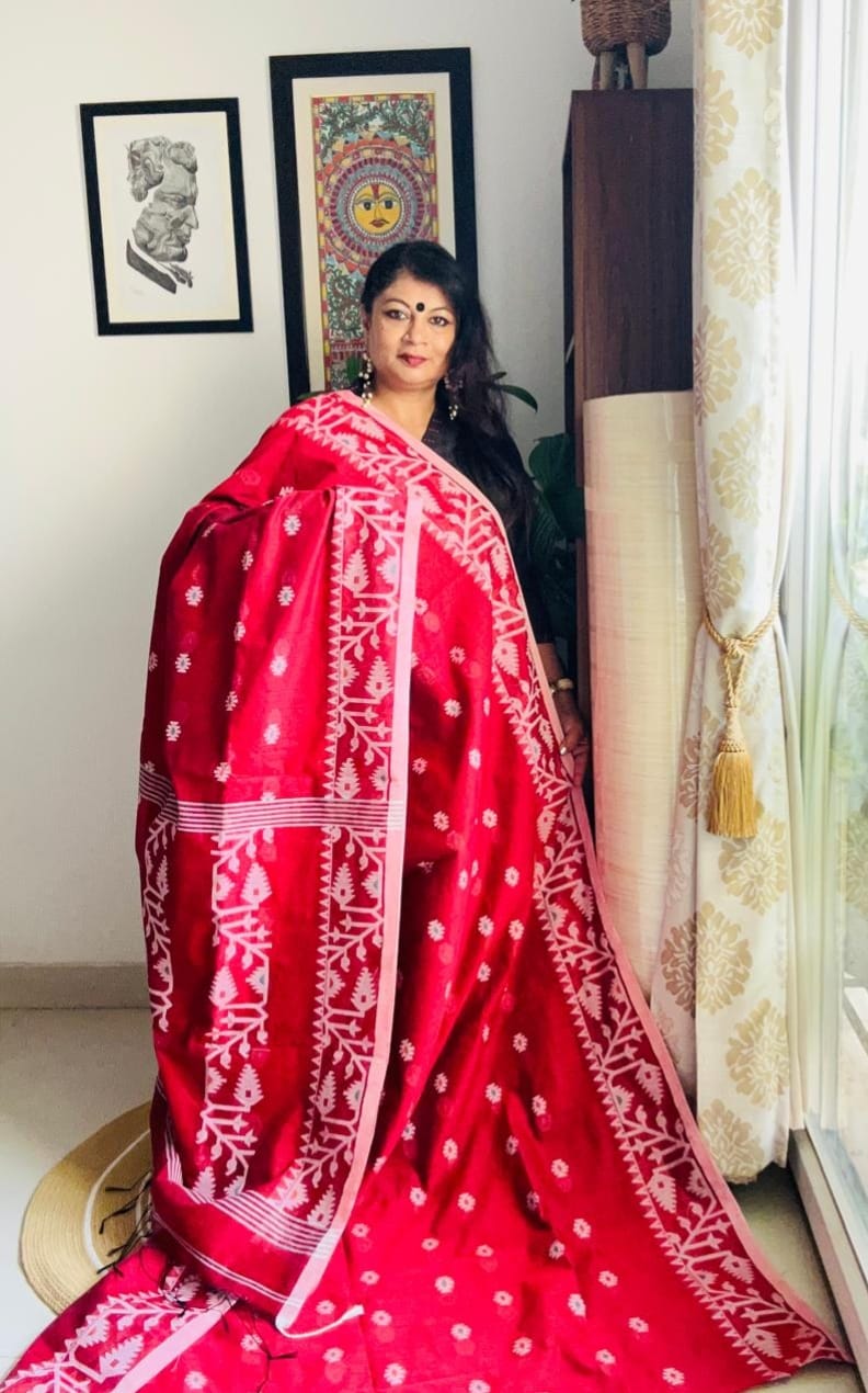 Handcrafted Maroon Cotton Silk Soft Jamdani Saree