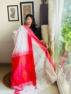 Handcrafted Off-White & Red Cotton Silk Jamdani Saree with Kalka Pallu
