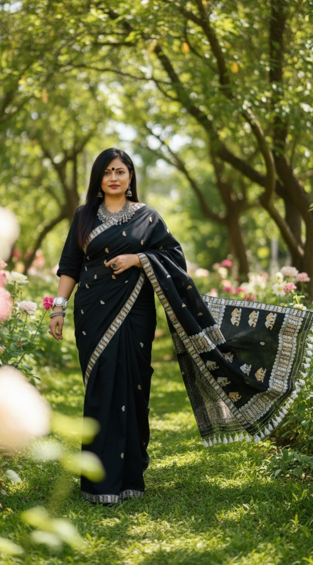 Kajari - Assam Handloom Cotton Saree (Black)