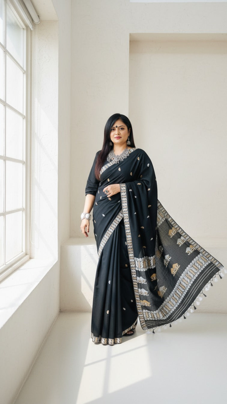 Kajari - Assam Handloom Cotton Saree (Black)