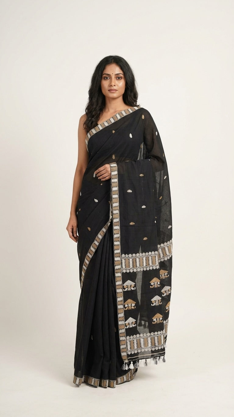 Kajari - Assam Handloom Cotton Saree (Black)