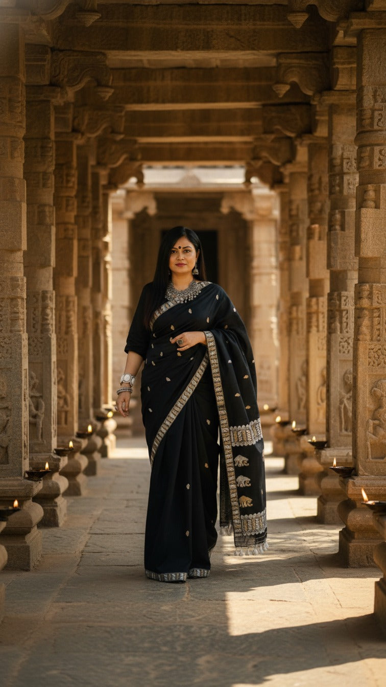 Kajari - Assam Handloom Cotton Saree (Black)