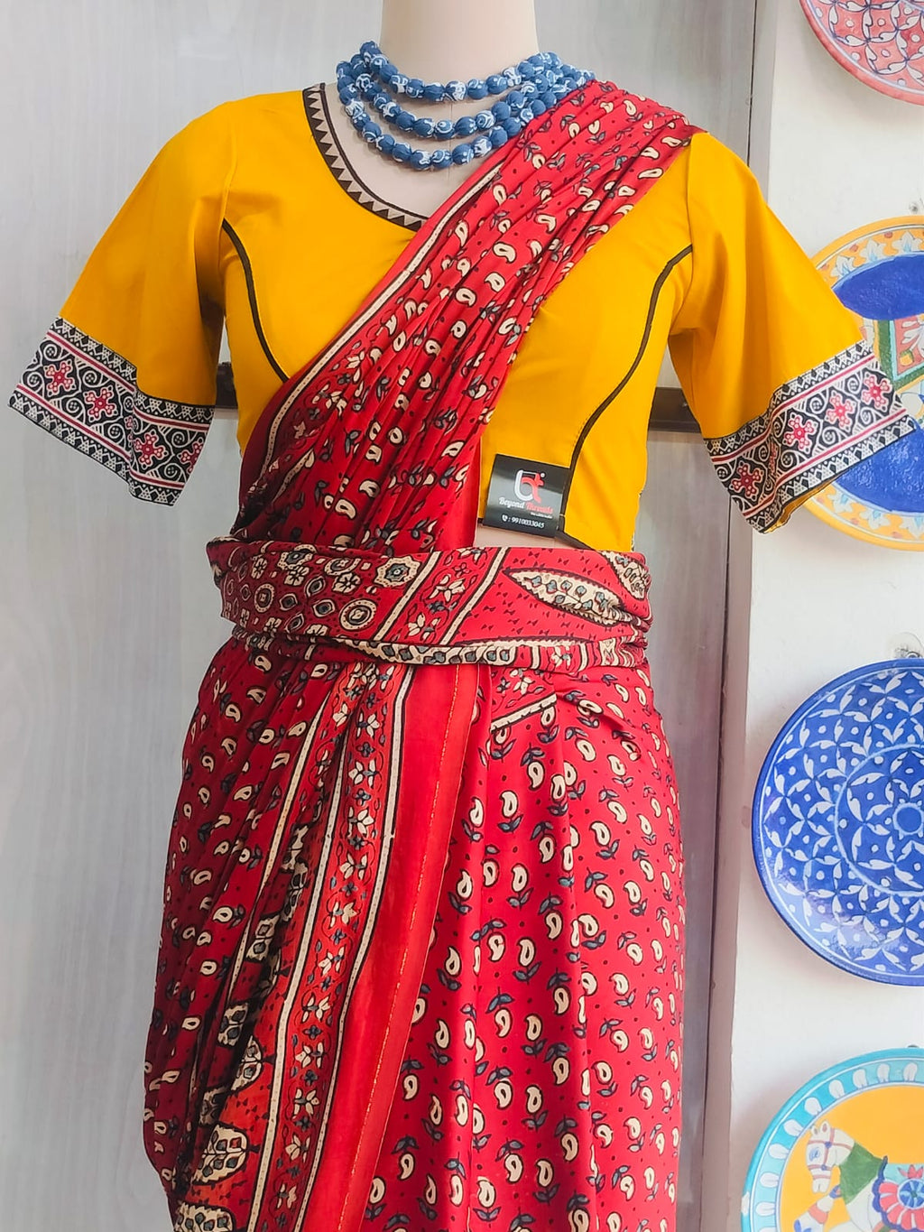 Yellow Cotton Non-Padded Blouse with Patterned Borders