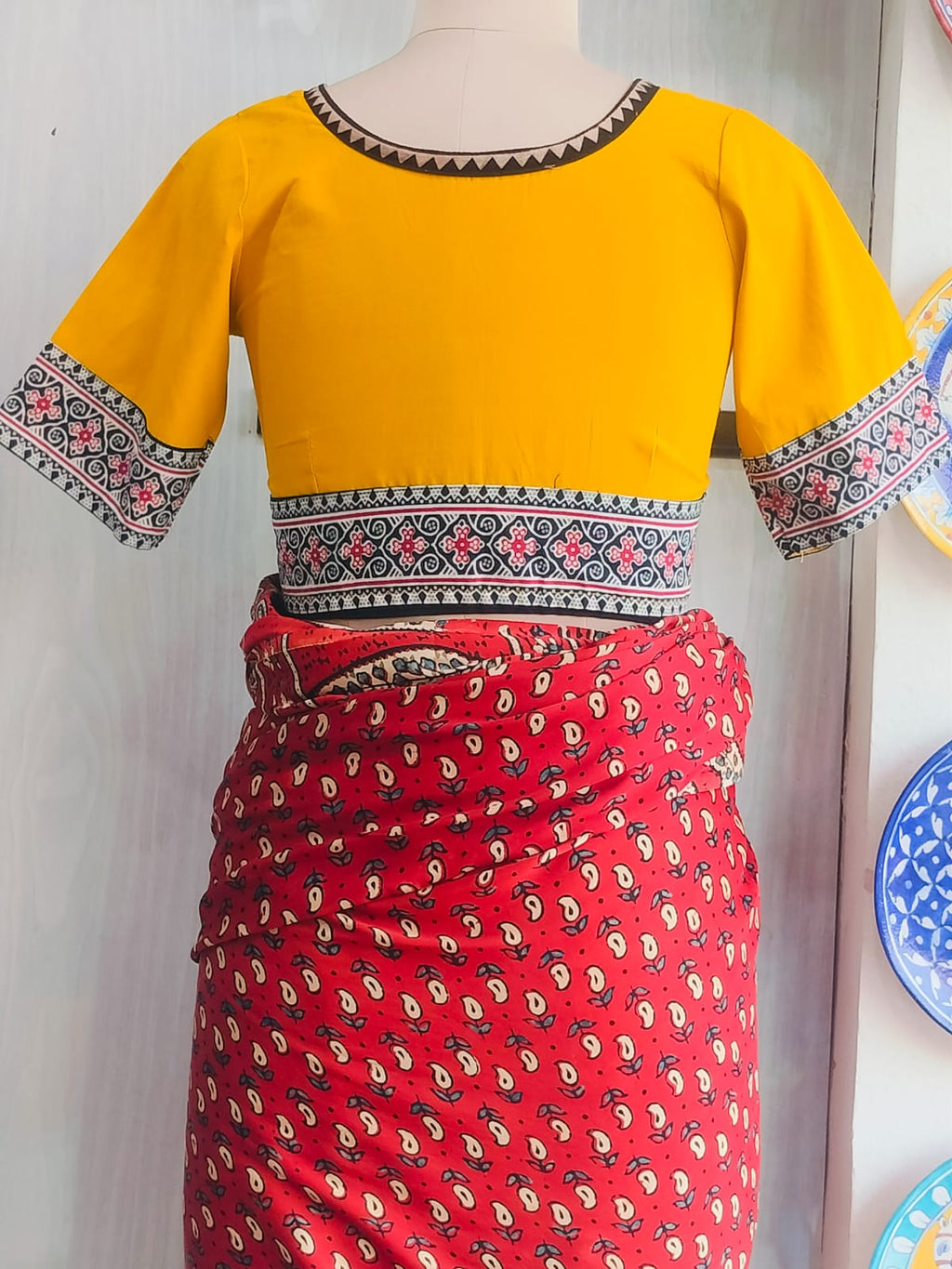 Yellow Cotton Non-Padded Blouse with Patterned Borders