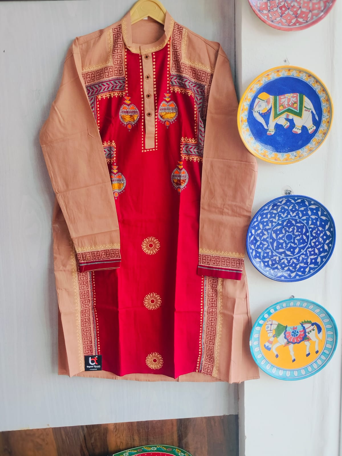 Handcrafted Crimson & Beige Cotton Men's Kurta with Kantha Applique Yoke