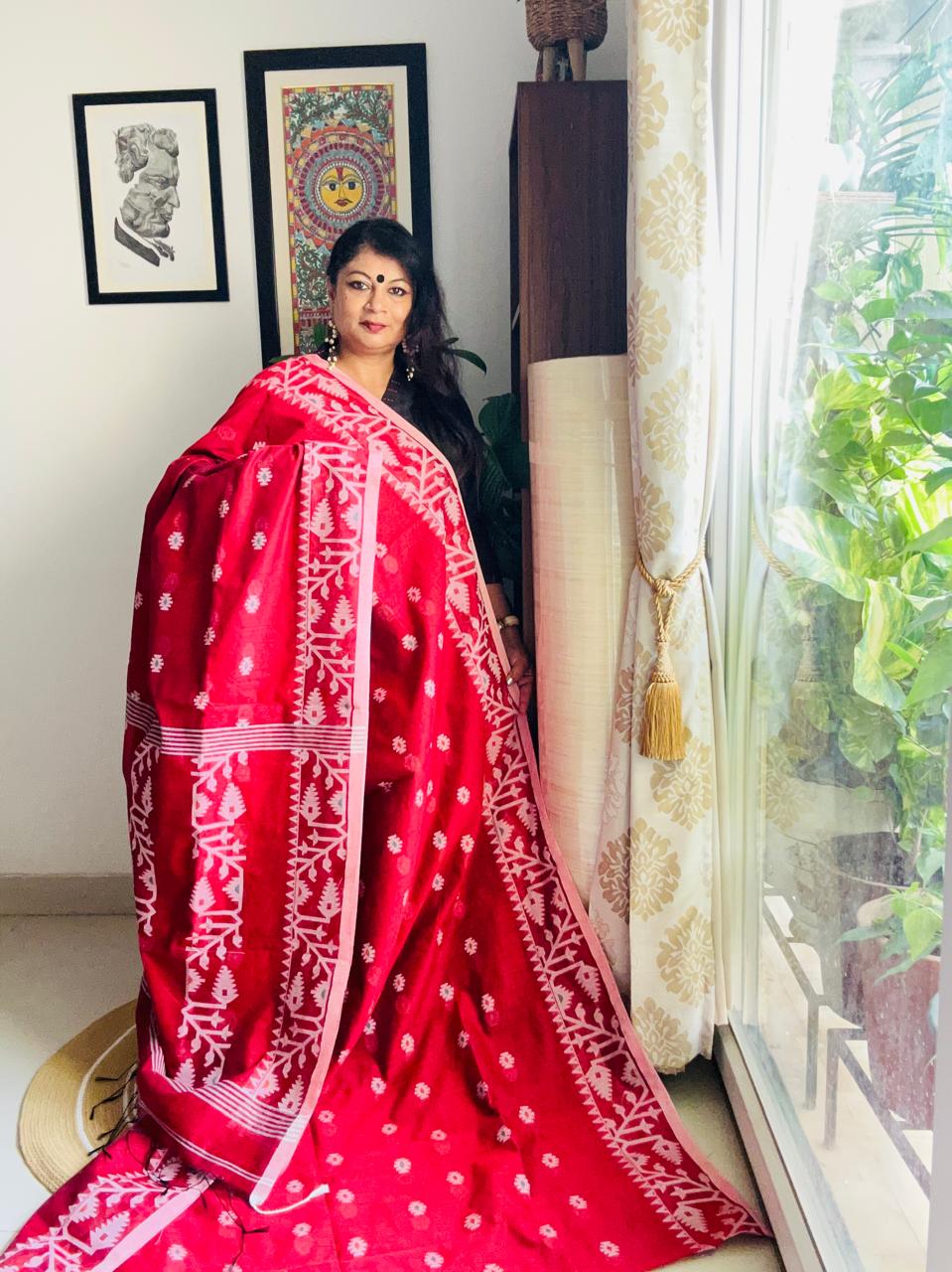 Handcrafted Maroon Cotton Silk Soft Jamdani Saree
