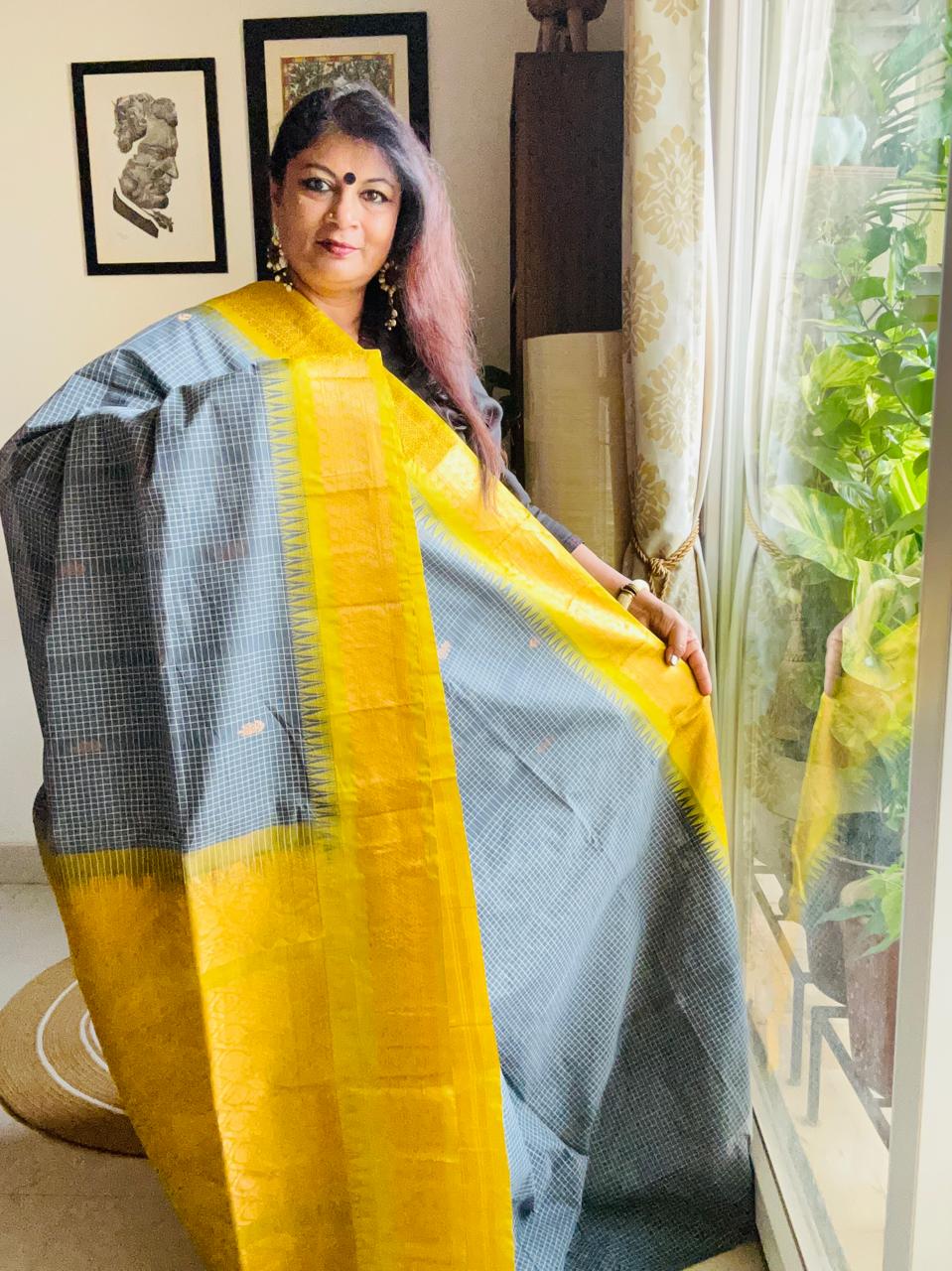 Handcrafted Charcoal Grey Gadwal Cotton Saree with Yellow Zari Border