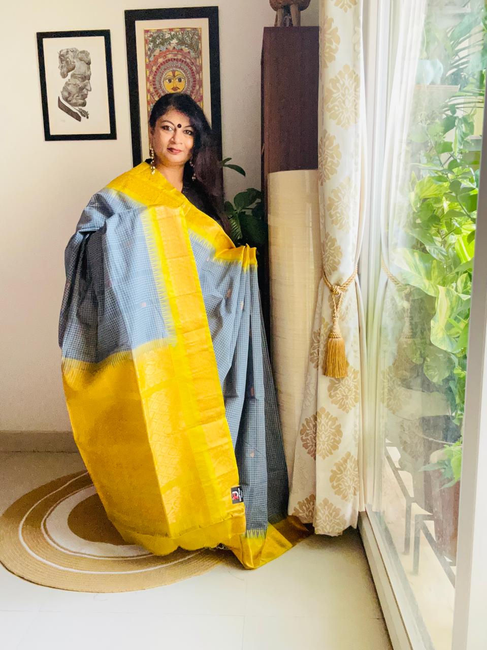 Handcrafted Charcoal Grey Gadwal Cotton Saree with Yellow Zari Border