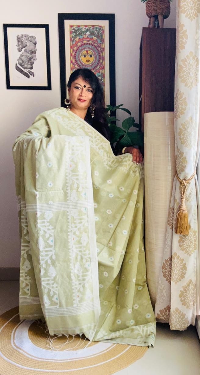 Handcrafted Pista Green Cotton Silk Soft Jamdani Saree