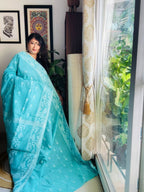 Handcrafted Sea Green Cotton Silk Soft Jamdani Saree