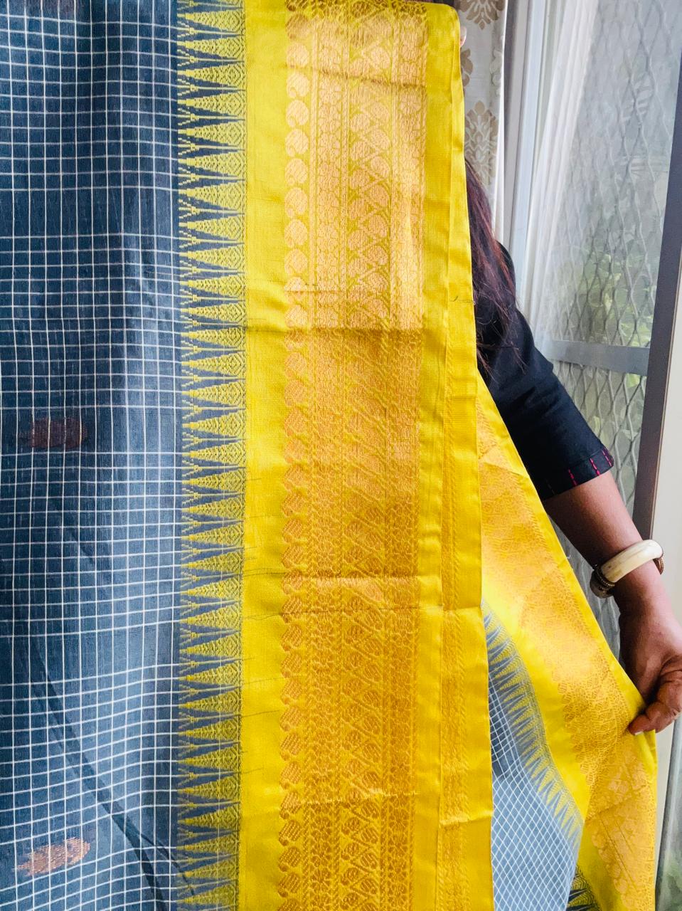 Handcrafted Charcoal Grey Gadwal Cotton Saree with Yellow Zari Border