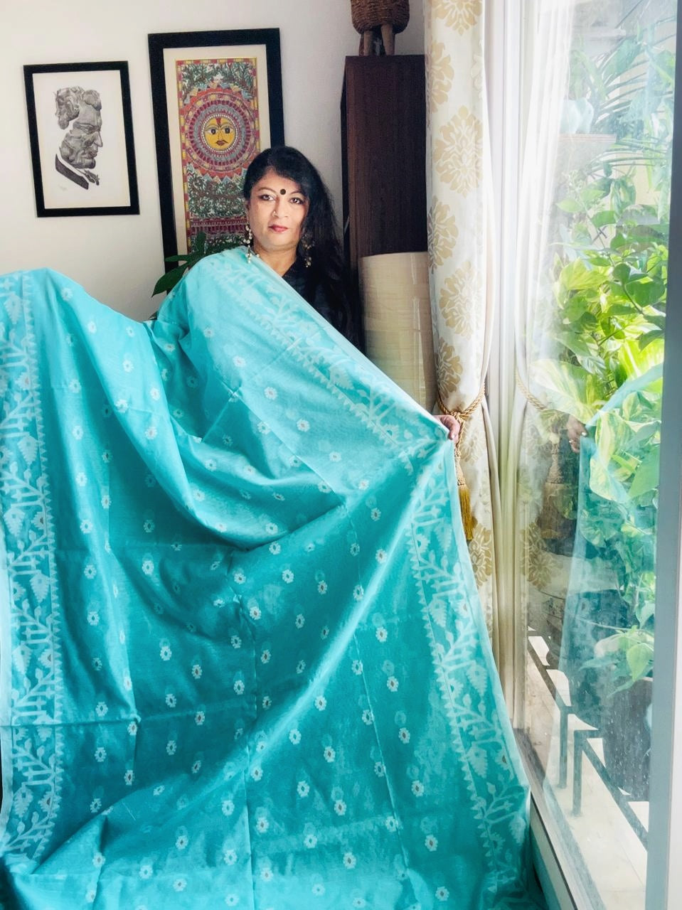 Handcrafted Sea Green Cotton Silk Soft Jamdani Saree
