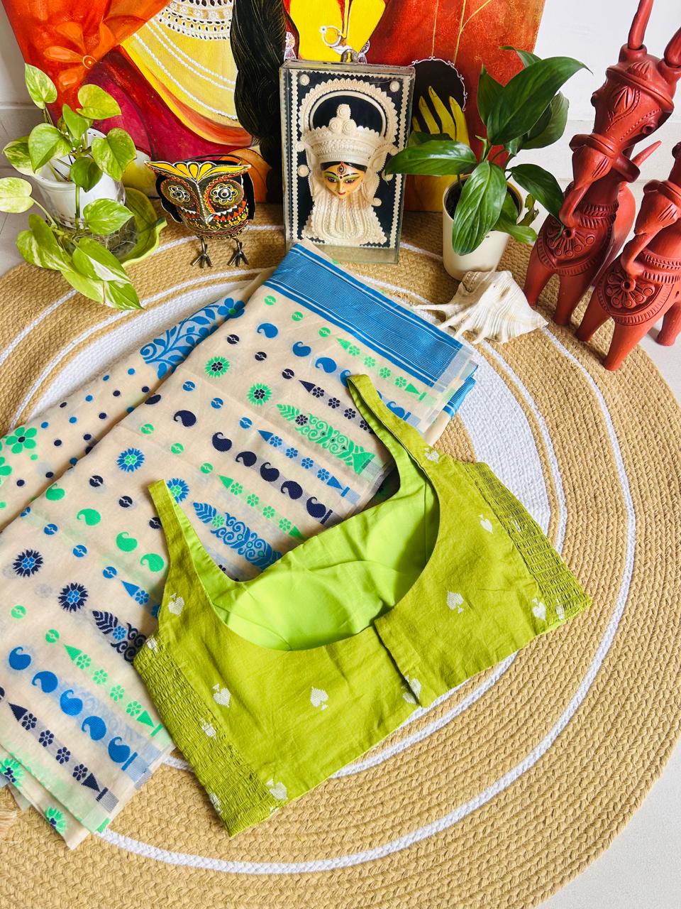 Leaf Green Pure Cotton Woven Spade Motif Stretchable Readymade Blouse