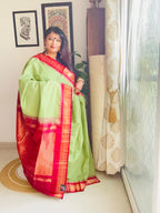 Handcrafted Dark Pista Green Gadwal Cotton Saree with Red Zari Border