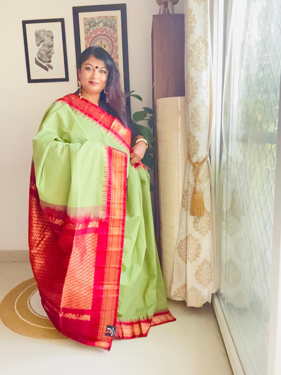 Handcrafted Dark Pista Green Gadwal Cotton Saree with Red Zari Border