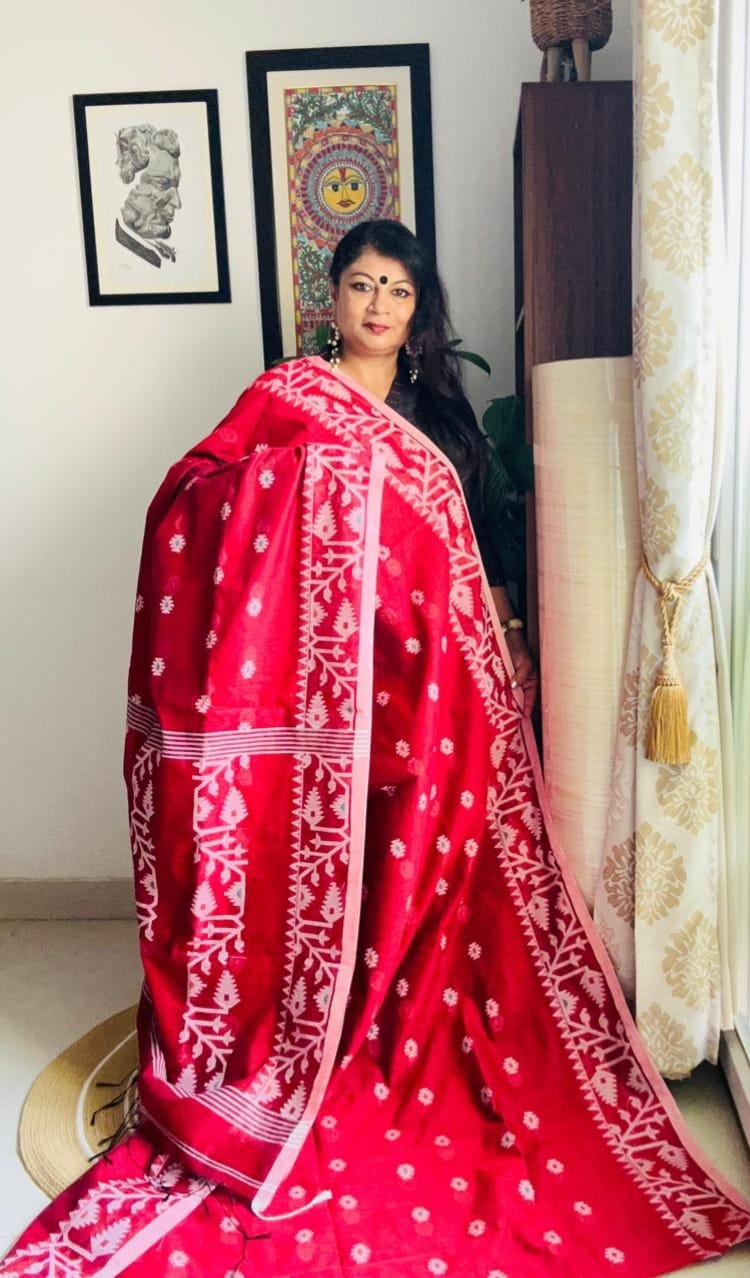 Handcrafted Maroon Cotton Silk Soft Jamdani Saree
