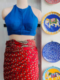 Front view of royal blue cotton padded razor-cut blouse