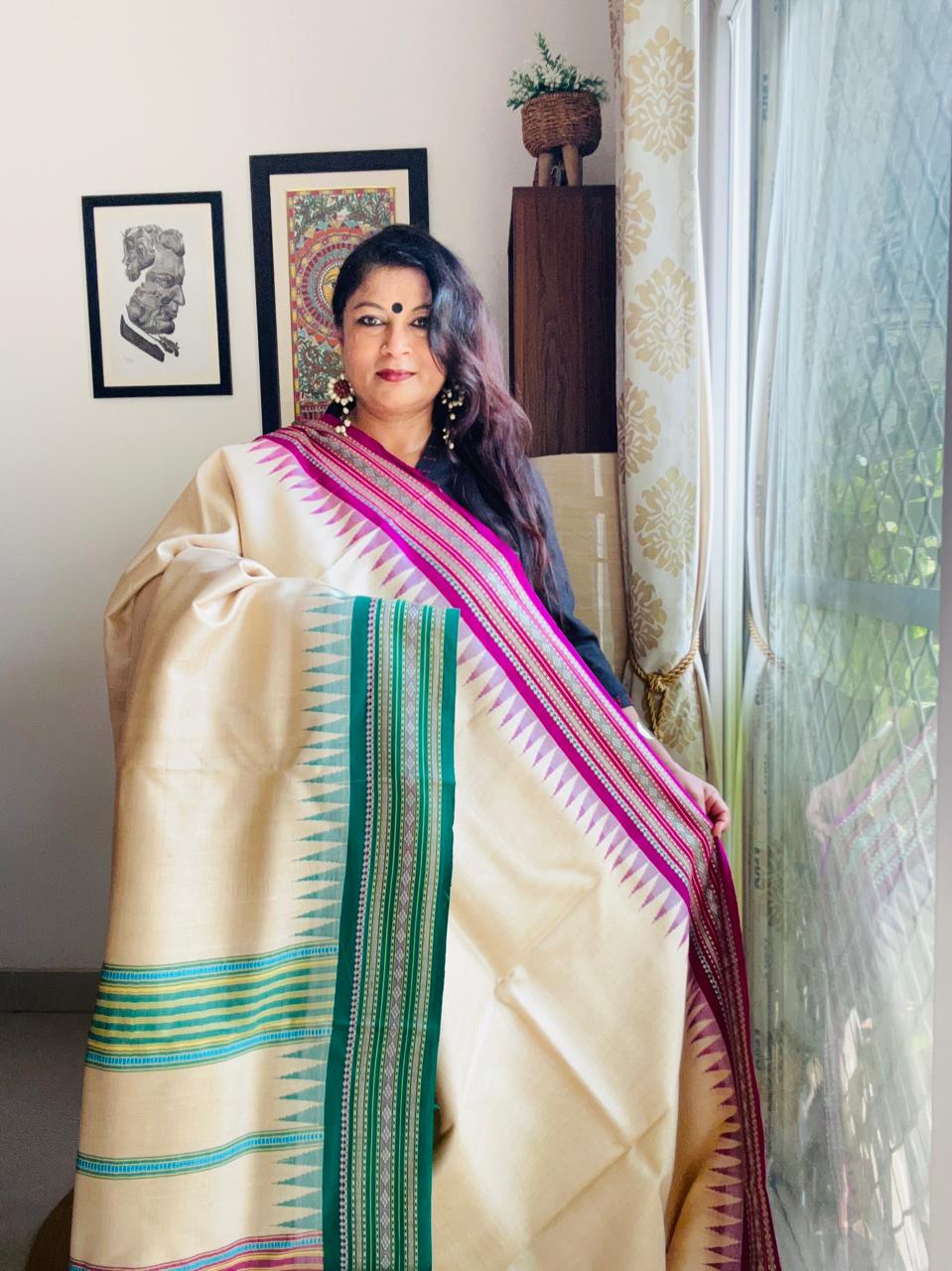 Handcrafted Vidarbha Tussar Saree with Magenta & Leaf Green Karvati Border