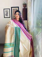 Handcrafted Vidarbha Tussar Saree with Magenta & Leaf Green Karvati Border