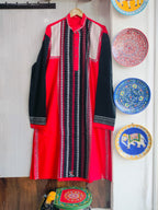 Gents Handcrafted Crimson Red & Black Cotton Kurta with Geometric Patchwork