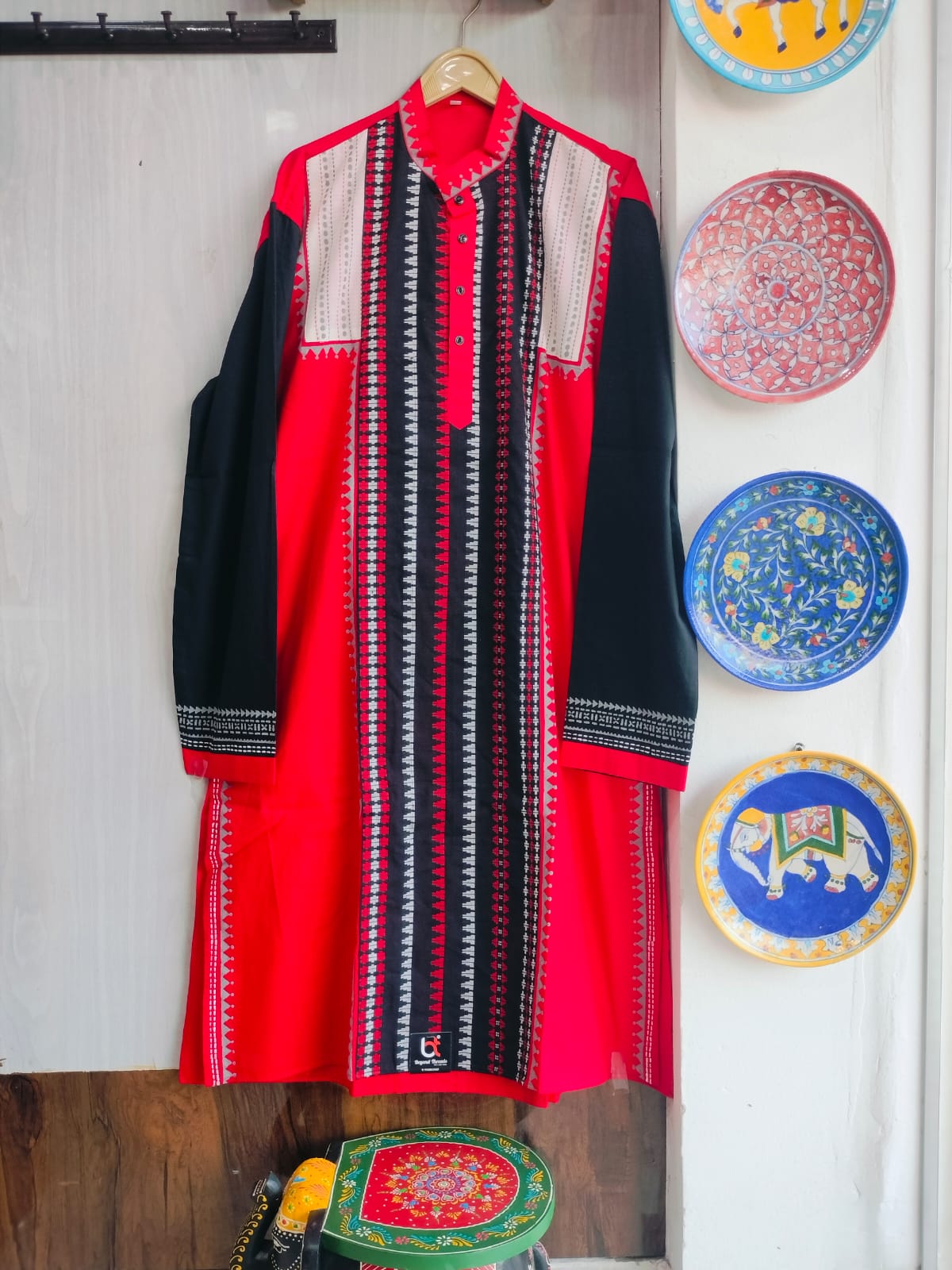 Gents Handcrafted Crimson Red & Black Cotton Kurta with Geometric Patchwork
