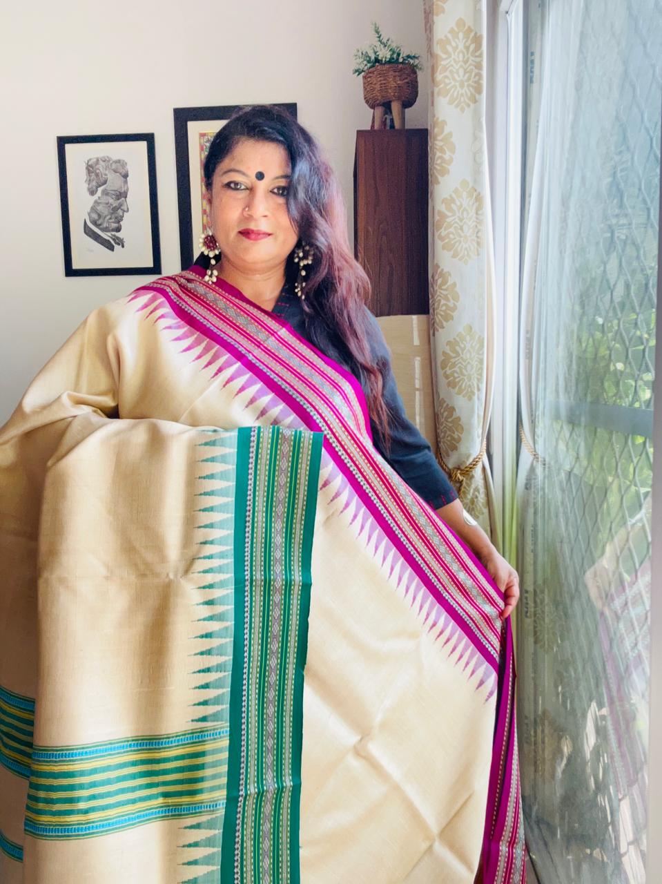 Handcrafted Vidarbha Tussar Saree with Magenta & Leaf Green Karvati Border