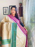 Handcrafted Vidarbha Tussar Saree with Magenta & Leaf Green Karvati Border