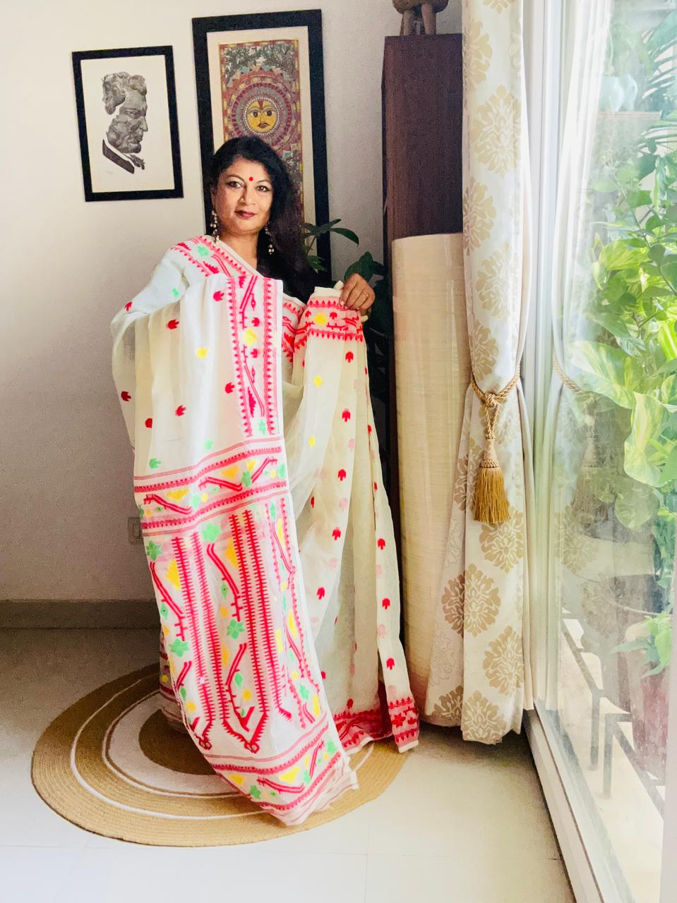 Handcrafted Off-White Cotton Silk Soft Jamdani Saree