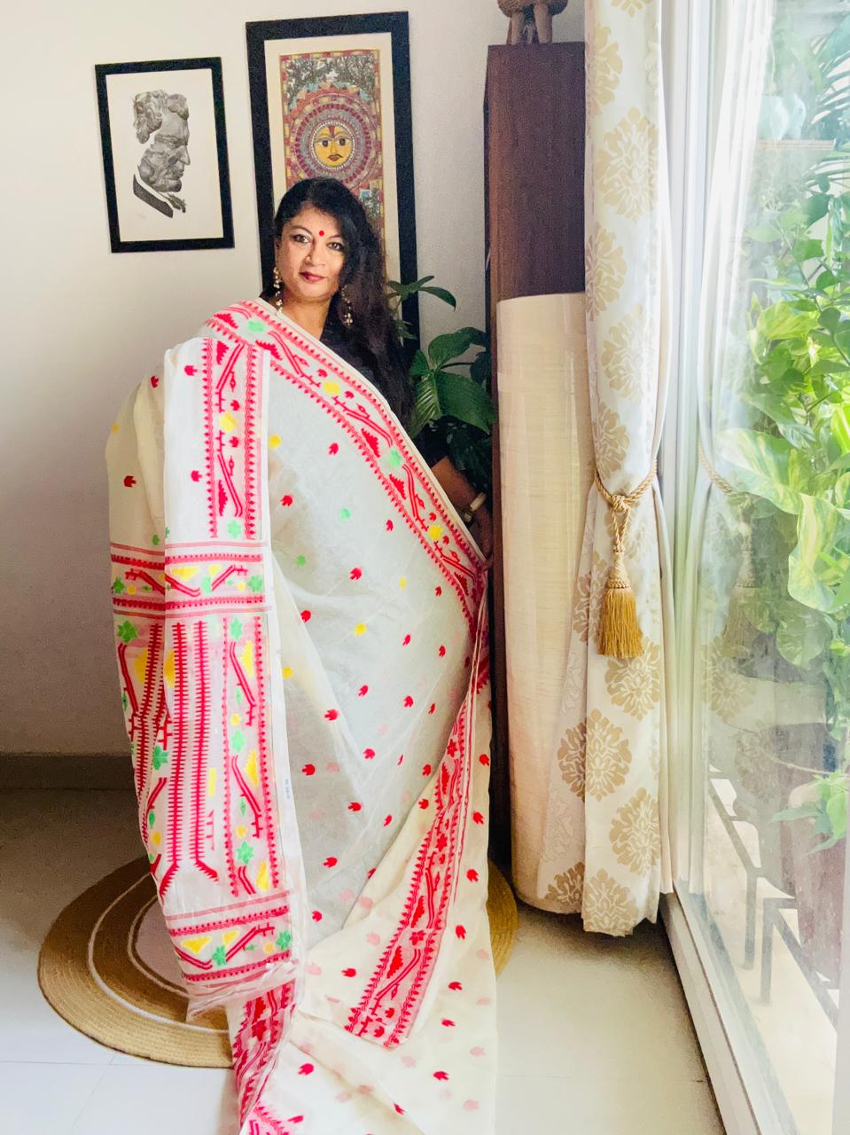 Handcrafted Off-White Cotton Silk Soft Jamdani Saree