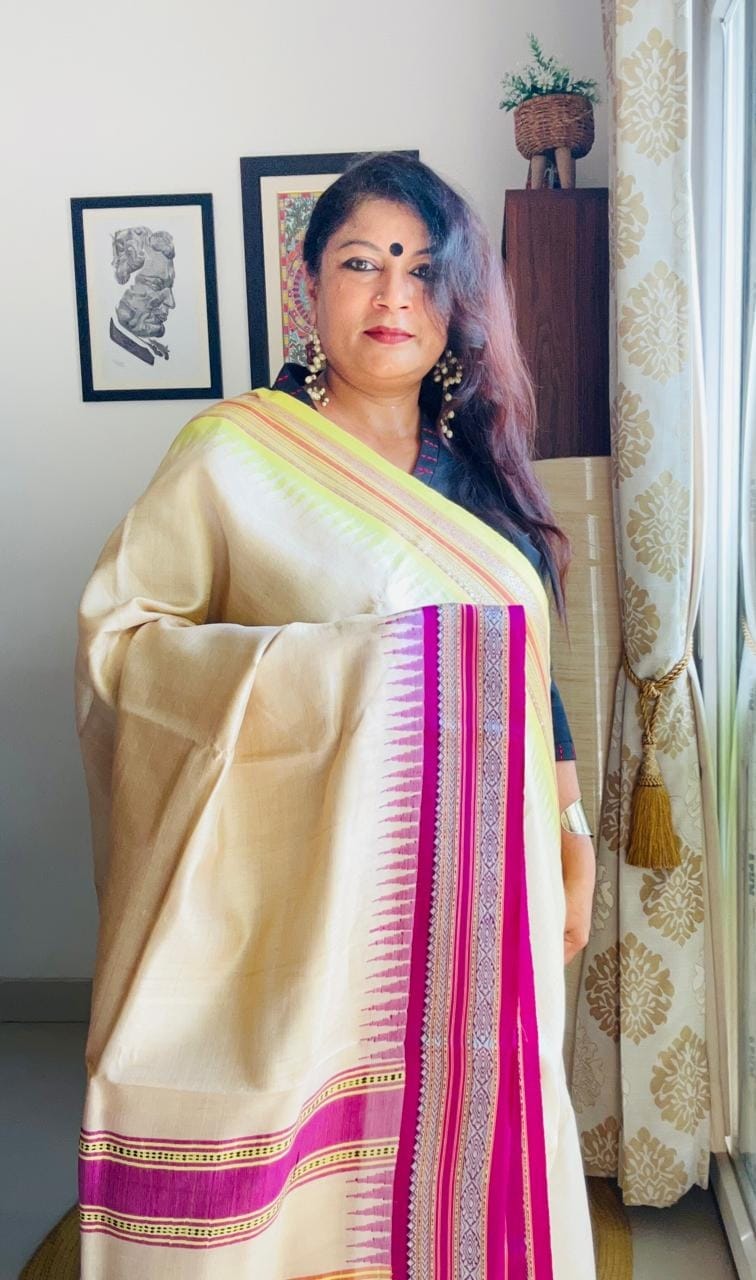 Handcrafted Vidarbha Tussar Saree with Magenta & Yellow-Green Karvati Border