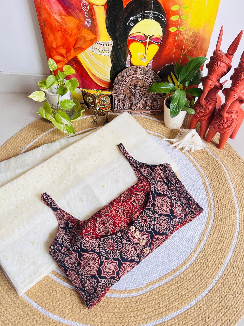 Maroon and Indigo Hand Block Printed Ajrakh Cotton Reversible Readymade Blouse