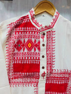 Handcrafted Off-White Cotton Men's Kurta with Sambalpuri Ikat Patchwork