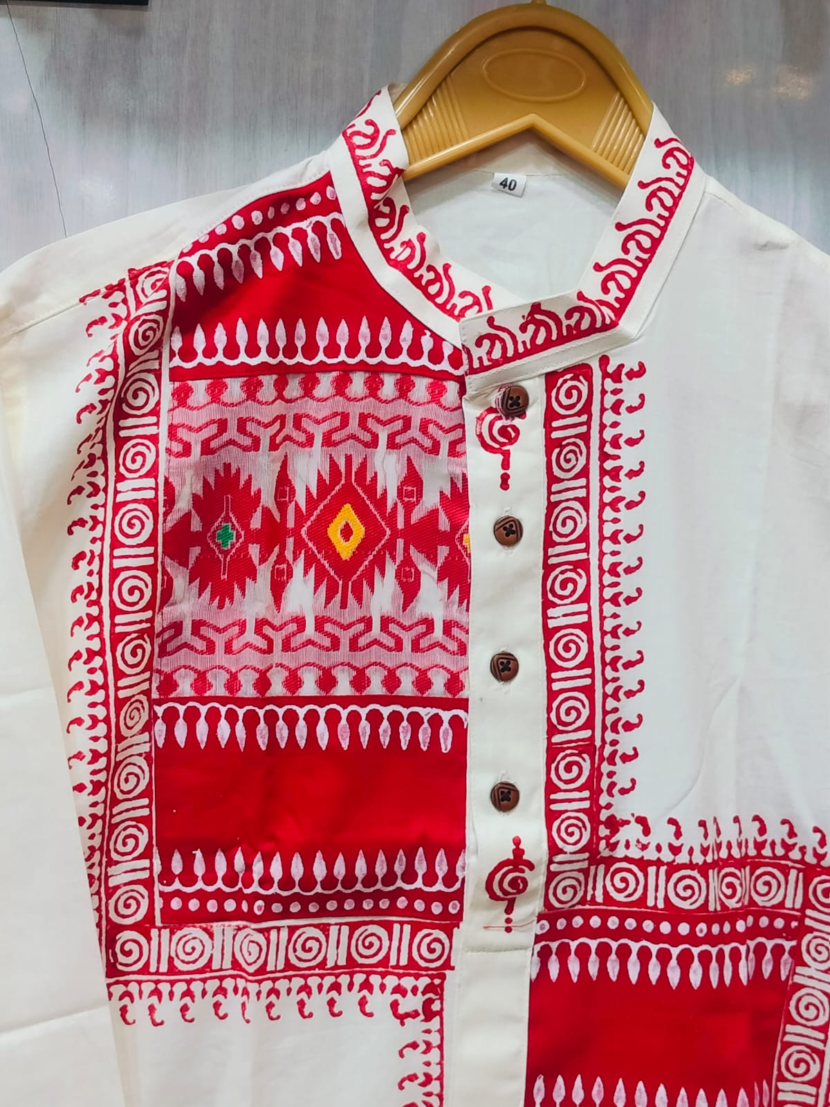 Handcrafted Off-White Cotton Men's Kurta with Sambalpuri Ikat Patchwork