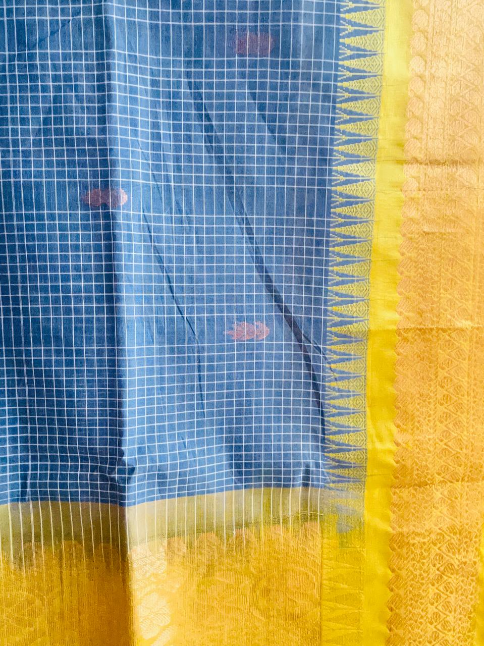 Handcrafted Charcoal Grey Gadwal Cotton Saree with Yellow Zari Border