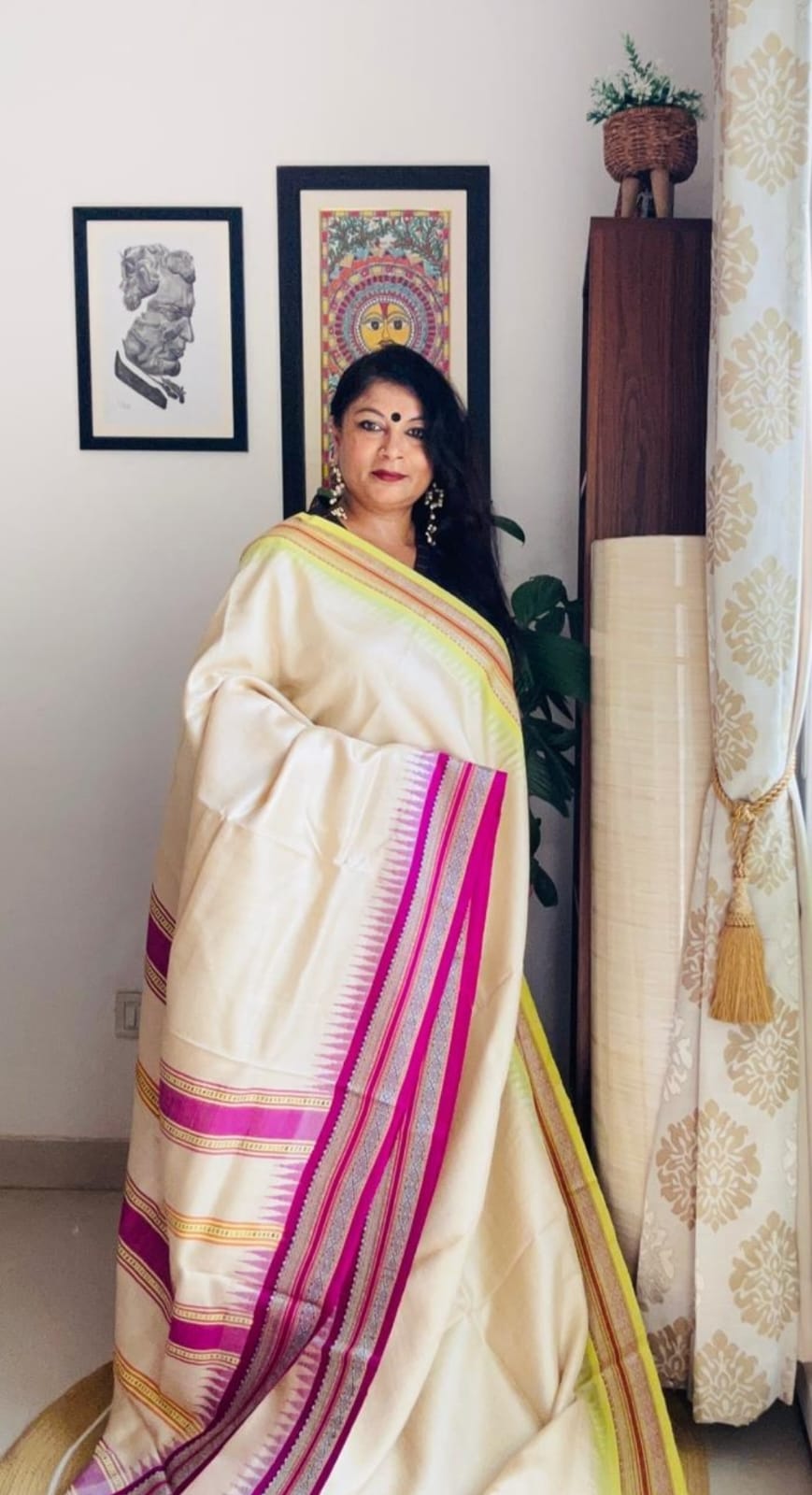 Handcrafted Vidarbha Tussar Saree with Magenta & Yellow-Green Karvati Border