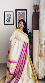 Handcrafted Vidarbha Tussar Saree with Magenta & Yellow-Green Karvati Border