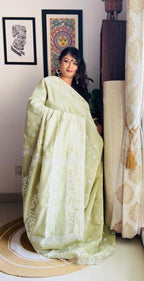Handcrafted Pista Green Cotton Silk Soft Jamdani Saree