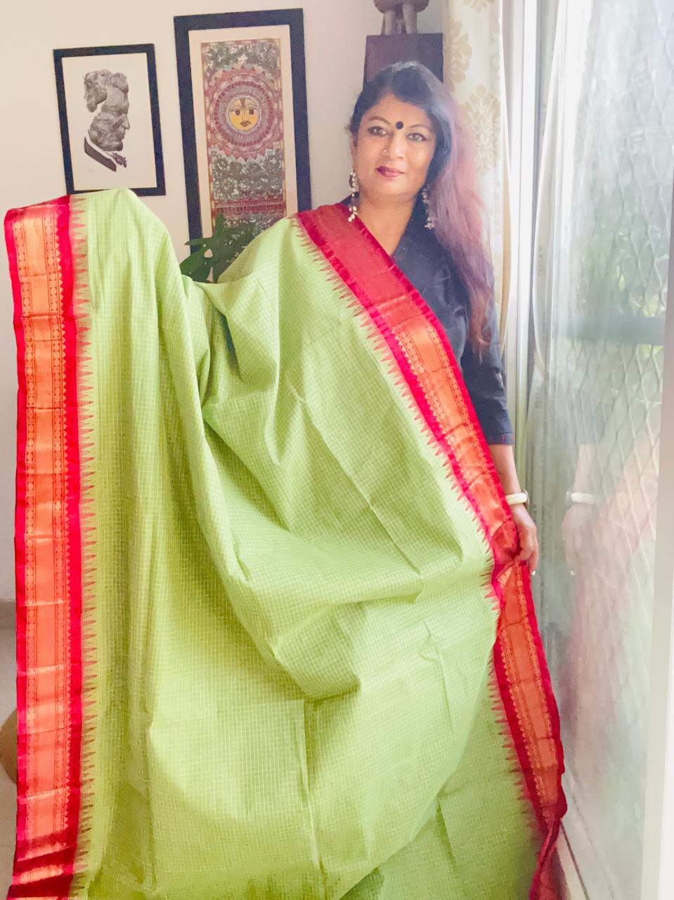Handcrafted Dark Pista Green Gadwal Cotton Saree with Red Zari Border