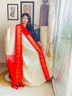 Handcrafted White Gadwal Cotton Saree with Red Zari Border