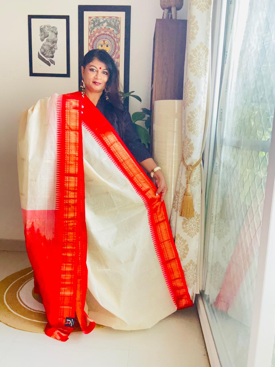 Handcrafted White Gadwal Cotton Saree with Red Zari Border