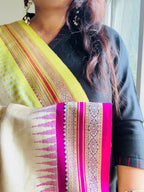 Handcrafted Vidarbha Tussar Saree with Magenta & Yellow-Green Karvati Border