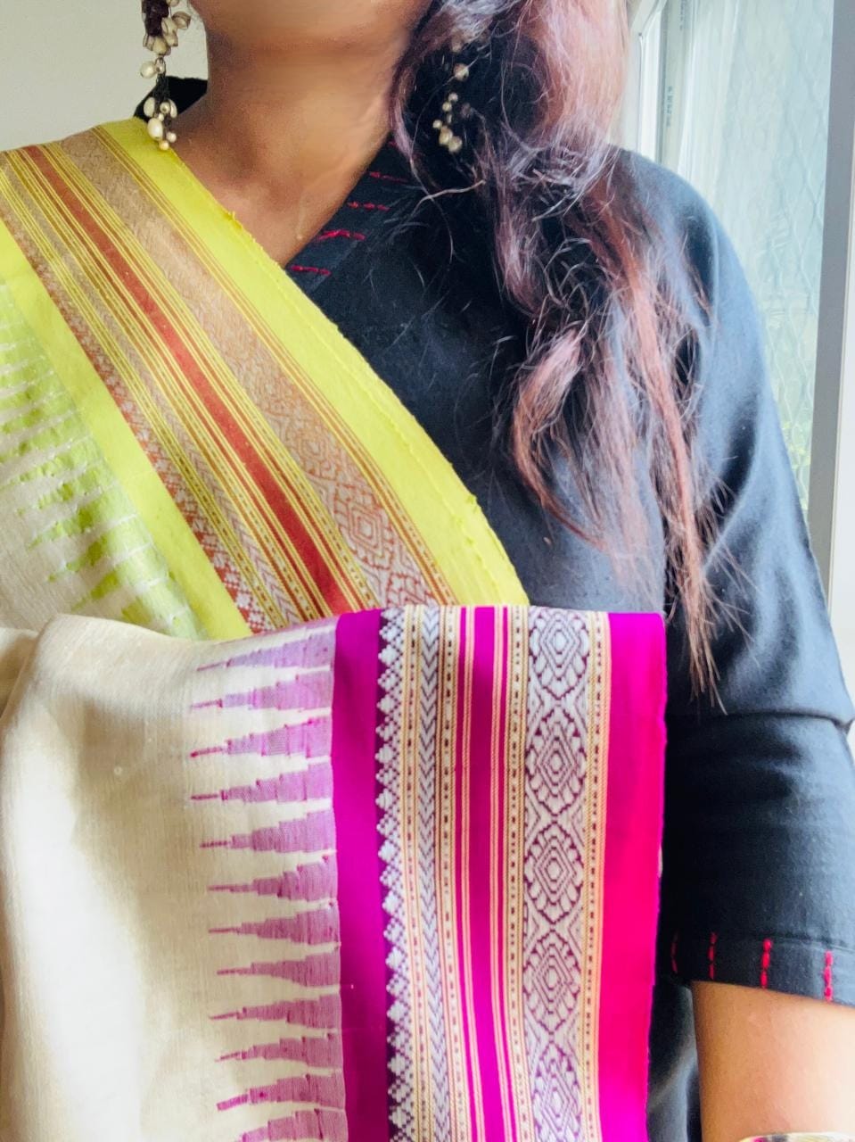 Handcrafted Vidarbha Tussar Saree with Magenta & Yellow-Green Karvati Border