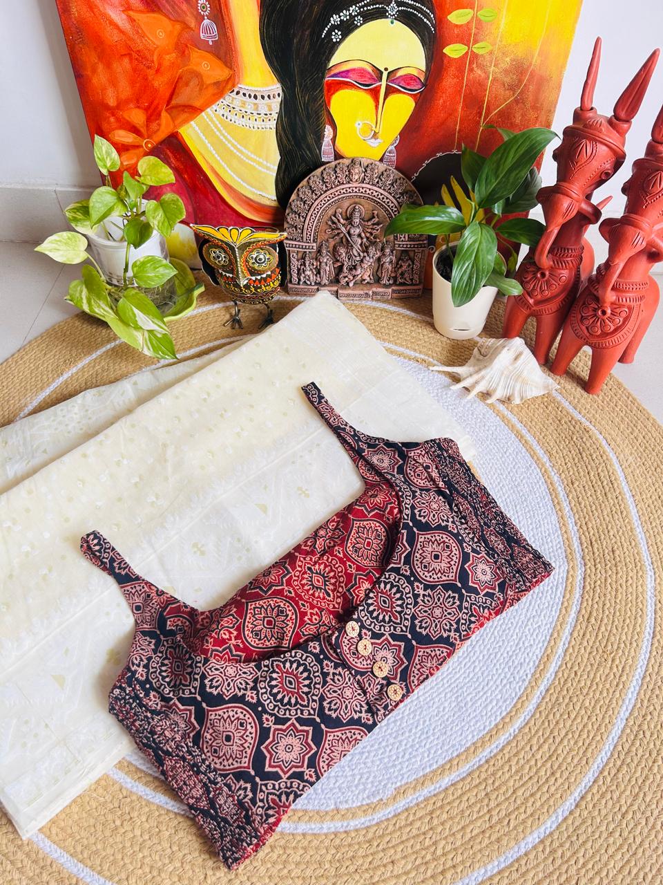 Maroon and Indigo Hand Block Printed Ajrakh Cotton Reversible Readymade Blouse