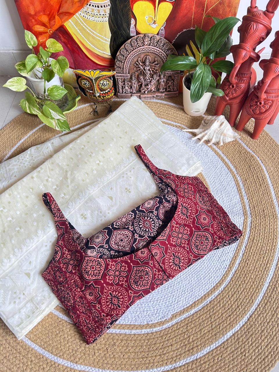 Maroon and Indigo Hand Block Printed Ajrakh Cotton Reversible Readymade Blouse