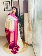 Handcrafted White Gadwal Cotton Saree with Magenta Zari Border
